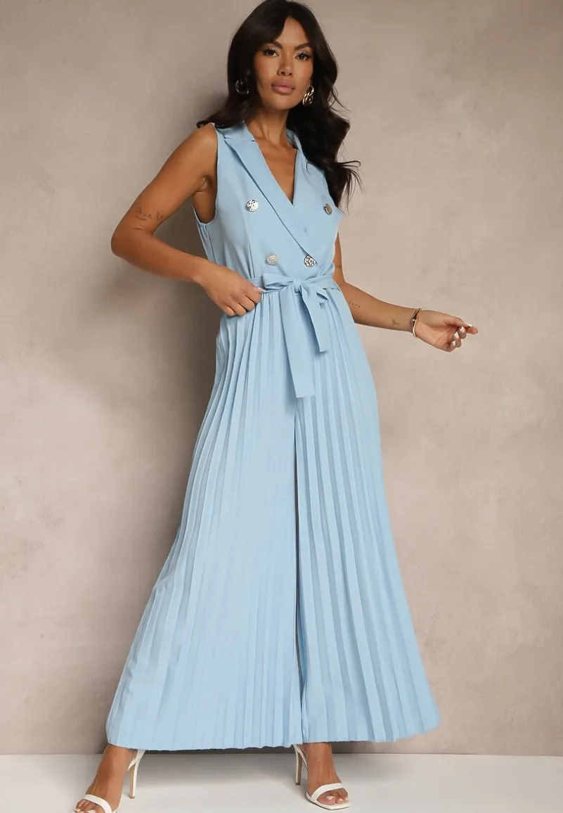 Niebieski Kombinezon Taliowany w Garniturowym Stylu z Paskiem i Guzikami Fillomia