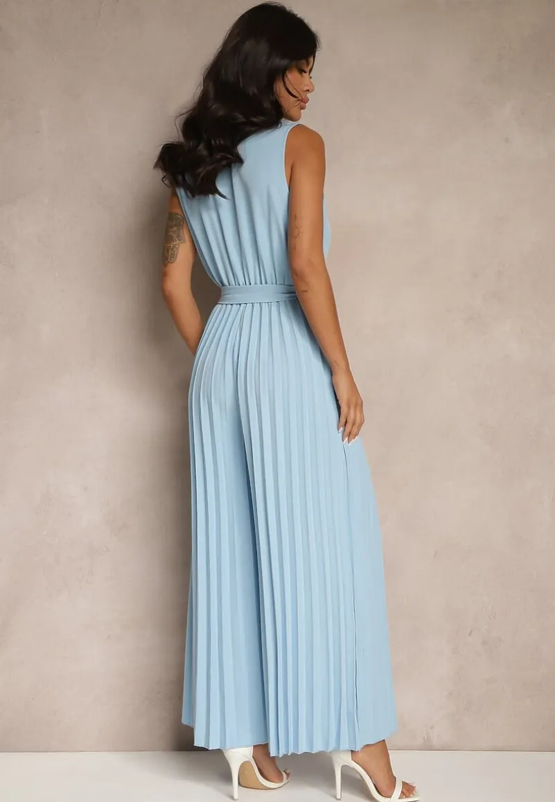 Niebieski Kombinezon Taliowany w Garniturowym Stylu z Paskiem i Guzikami Fillomia