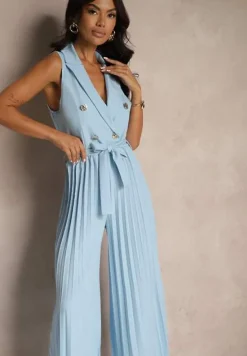 Niebieski Kombinezon Taliowany w Garniturowym Stylu z Paskiem i Guzikami Fillomia