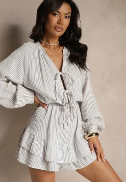 Niebieski Kombinezon w Cienkie Paski z Wiązaniem z Bawełny Ovivelle