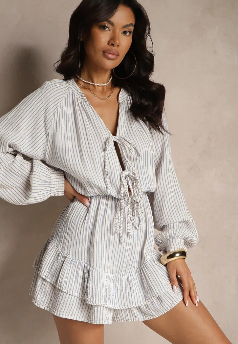 Niebieski Kombinezon w Cienkie Paski z Wiązaniem z Bawełny Ovivelle