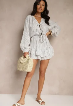 Niebieski Kombinezon w Cienkie Paski z Wiązaniem z Bawełny Ovivelle