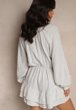 Niebieski Kombinezon w Cienkie Paski z Wiązaniem z Bawełny Ovivelle