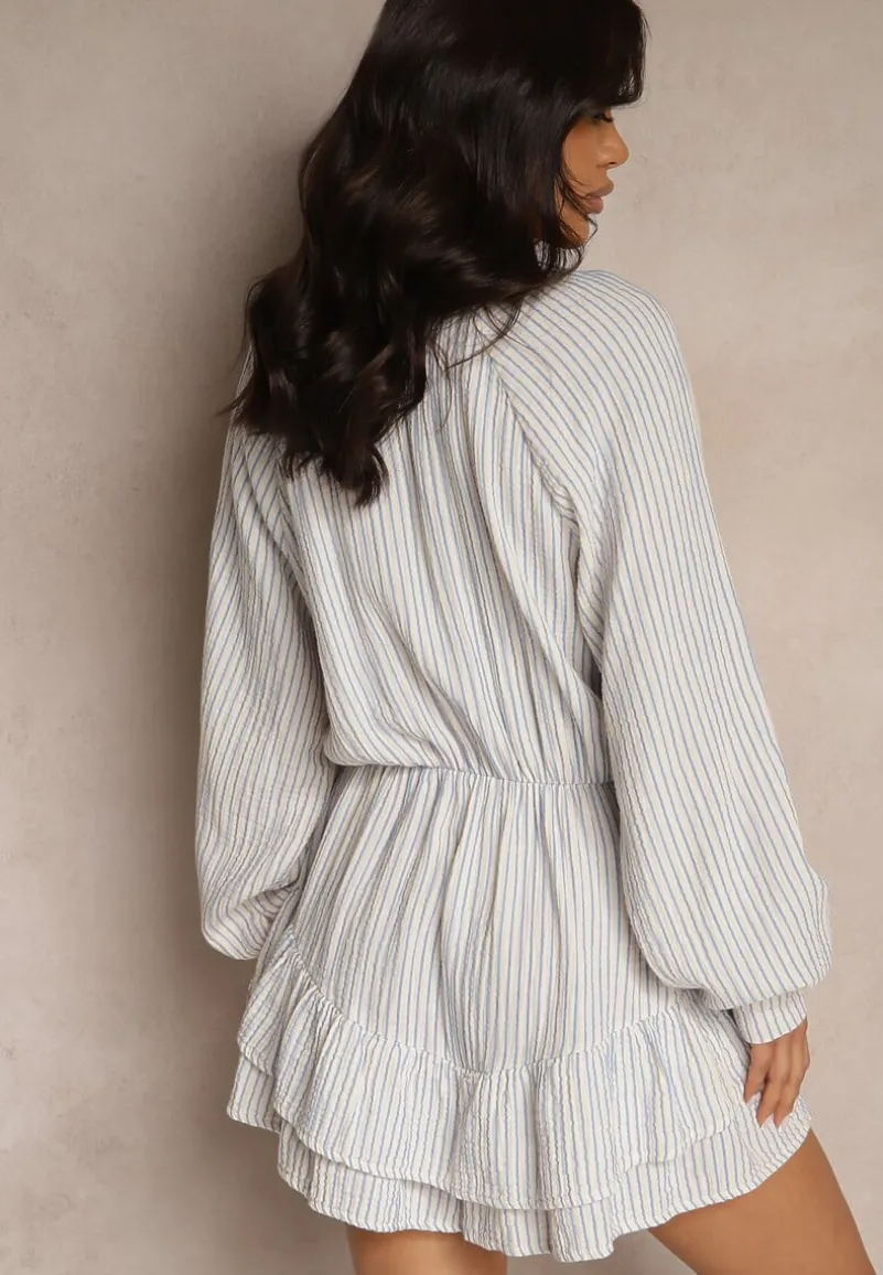 Niebieski Kombinezon w Cienkie Paski z Wiązaniem z Bawełny Ovivelle