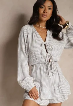 Niebieski Kombinezon w Cienkie Paski z Wiązaniem z Bawełny Ovivelle