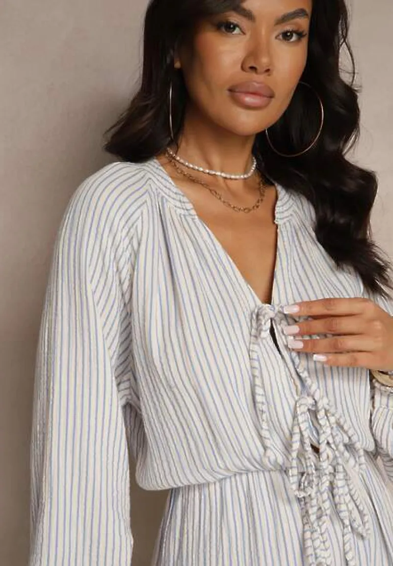 Niebieski Kombinezon w Cienkie Paski z Wiązaniem z Bawełny Ovivelle