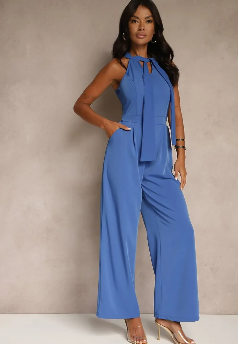 Niebieski Kombinezon Wide Leg z Ozdobnym Wiązaniem przy Szyi Silelia