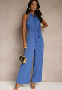 Niebieski Kombinezon Wide Leg z Ozdobnym Wiązaniem przy Szyi Silelia