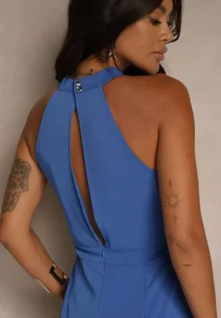 Niebieski Kombinezon Wide Leg z Ozdobnym Wiązaniem przy Szyi Silelia