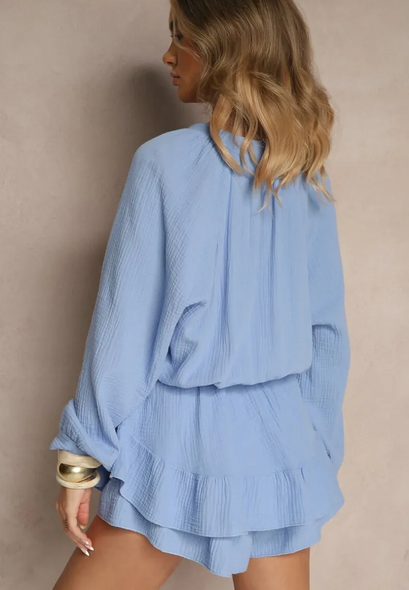 Niebieski Kombinezon z Bawełny Ozdobiony Wiązaniem i Falbankami Nalelia