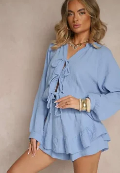 Niebieski Kombinezon z Bawełny Ozdobiony Wiązaniem i Falbankami Nalelia