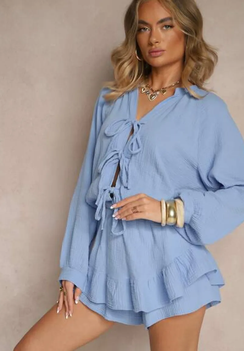 Niebieski Kombinezon z Bawełny Ozdobiony Wiązaniem i Falbankami Nalelia