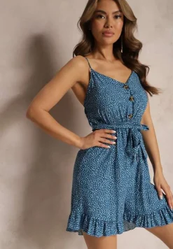 Niebieski Kombinezon z Bawełny na Regulowanych Ramiączkach z Paskiem i Gumką w Talii Belladream