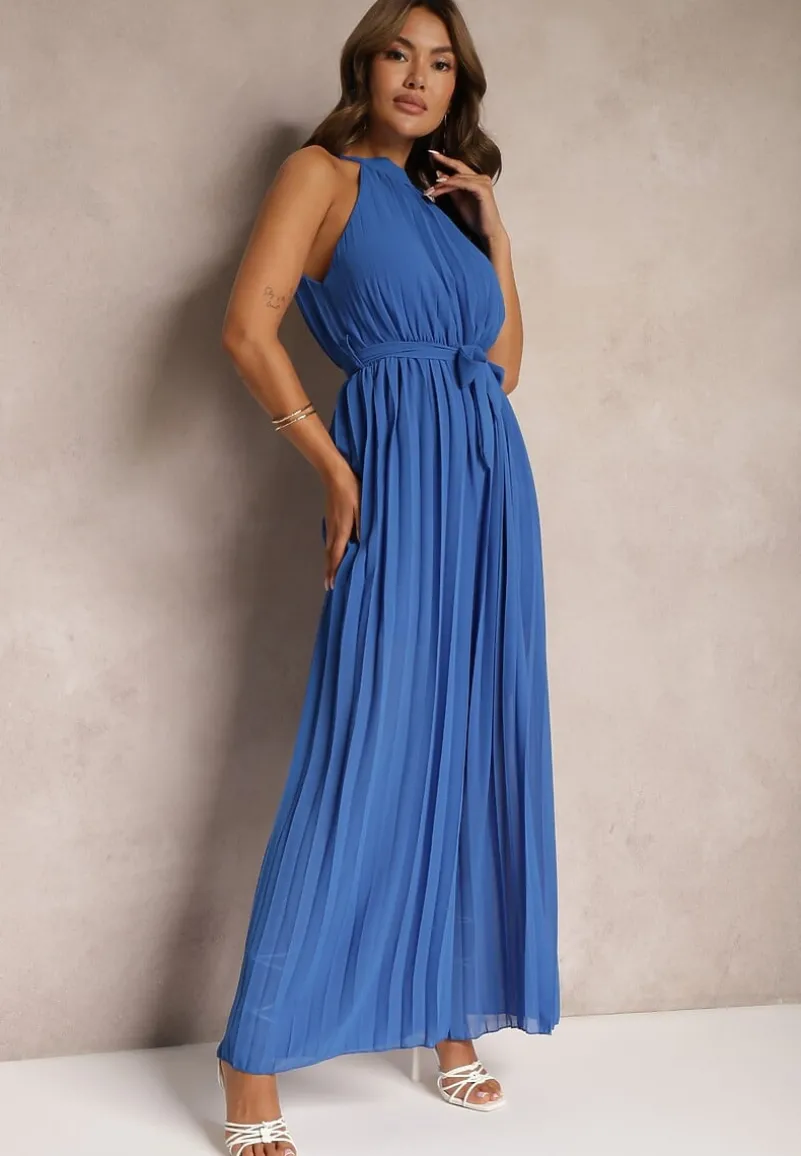 Niebieski Kombinezon z Dekoltem Typu Halter i Gumką w Talii Zolefia