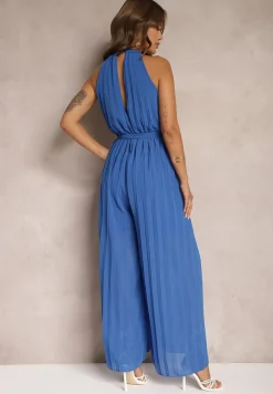 Niebieski Kombinezon z Dekoltem Typu Halter i Gumką w Talii Zolefia