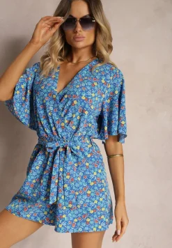 Niebieski Kombinezon z Kopertowym Dekoltem o Taliowanym Kroju Kimelba