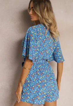 Niebieski Kombinezon z Kopertowym Dekoltem o Taliowanym Kroju Kimelba