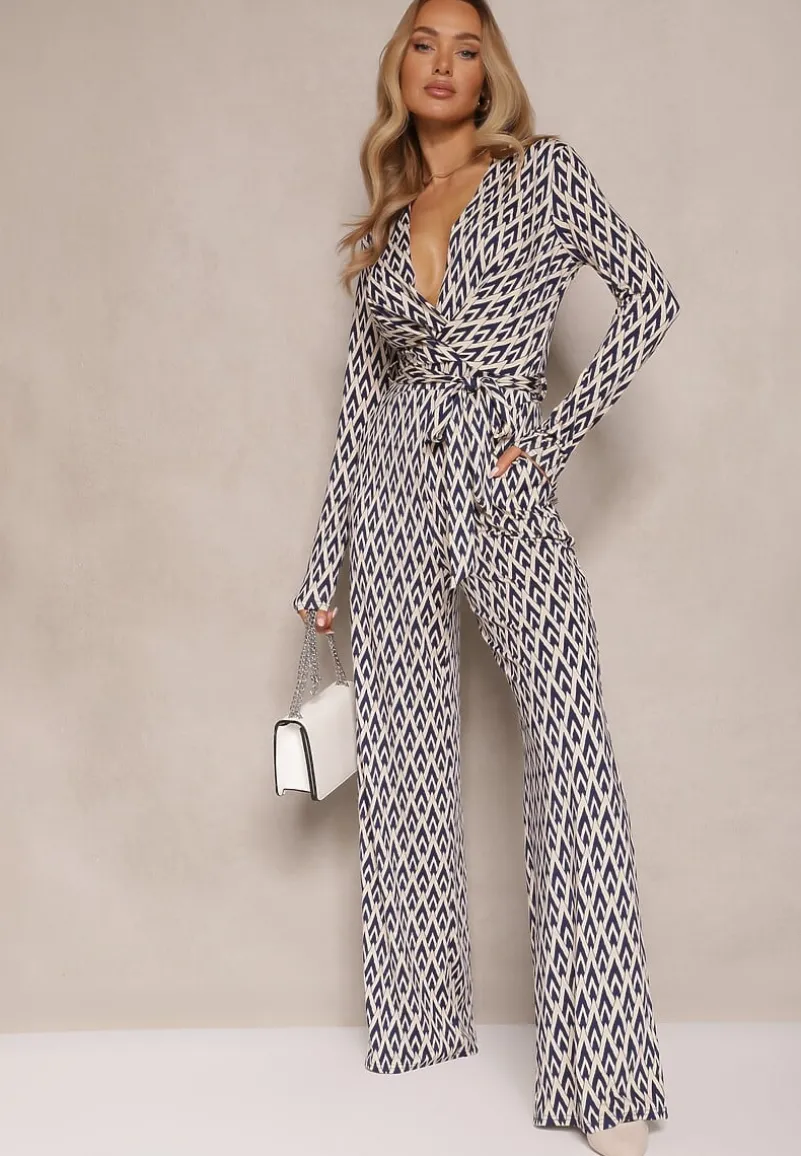 Niebieski Kombinezon z Kopertowym Dekoltem Paskiem i Geometrycznym Printem Sarilen