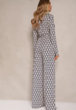 Niebieski Kombinezon z Kopertowym Dekoltem Paskiem i Geometrycznym Printem Sarilen