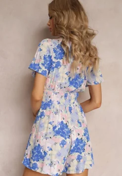 Niebieski Kombinezon z Krótkimi Nogawkami i Ozdobnym Dekoltem z Wiskozy Coralia