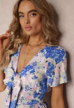 Niebieski Kombinezon z Krótkimi Nogawkami i Ozdobnym Dekoltem z Wiskozy Coralia