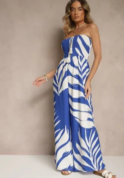 Niebieski Kombinezon z Lnem Wiskozą i Motywem LIści Fevanae