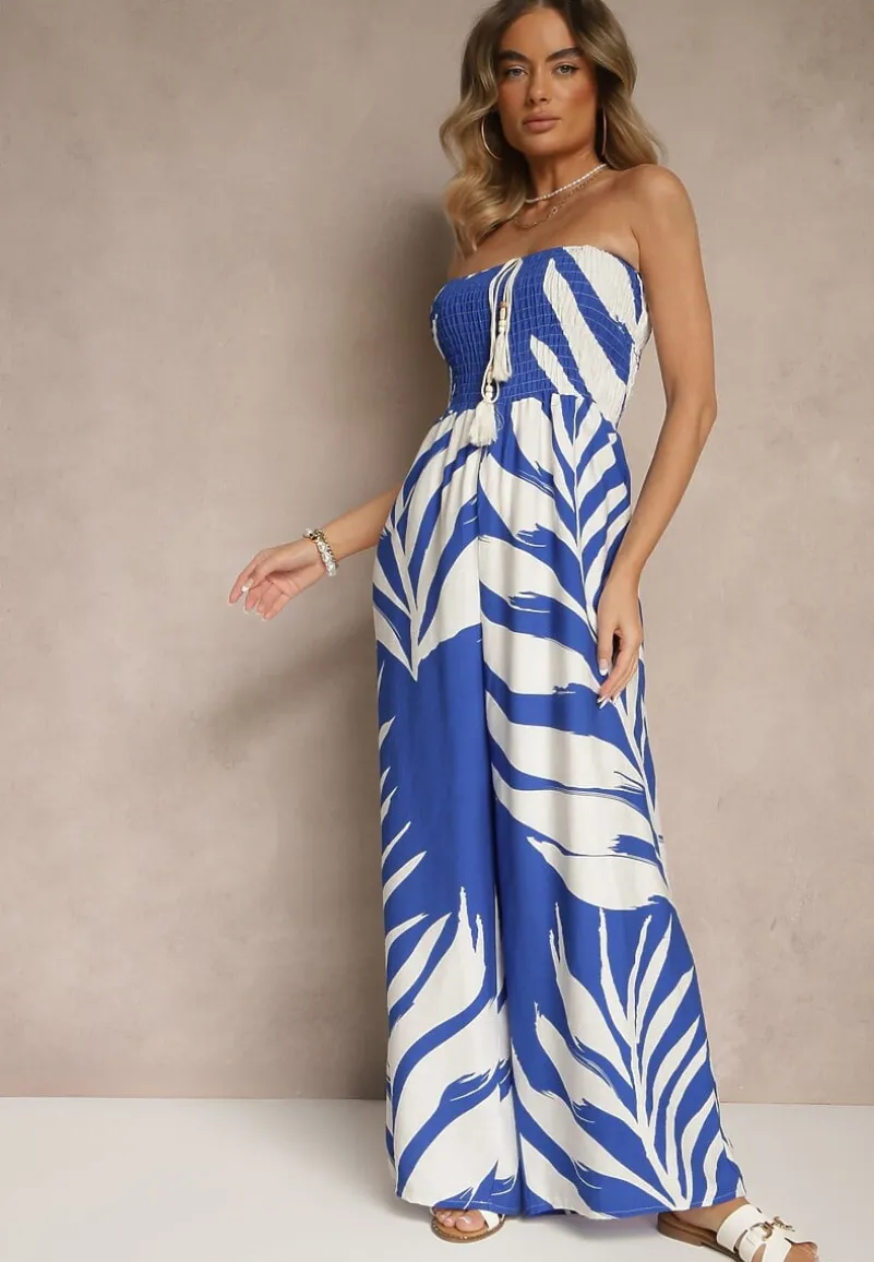 Niebieski Kombinezon z Lnem Wiskozą i Motywem LIści Fevanae