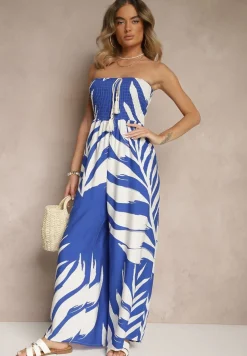 Niebieski Kombinezon z Lnem Wiskozą i Motywem LIści Fevanae