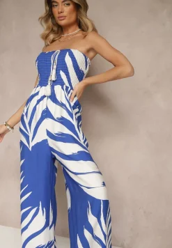 Niebieski Kombinezon z Lnem Wiskozą i Motywem LIści Fevanae