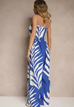 Niebieski Kombinezon z Lnem Wiskozą i Motywem LIści Fevanae