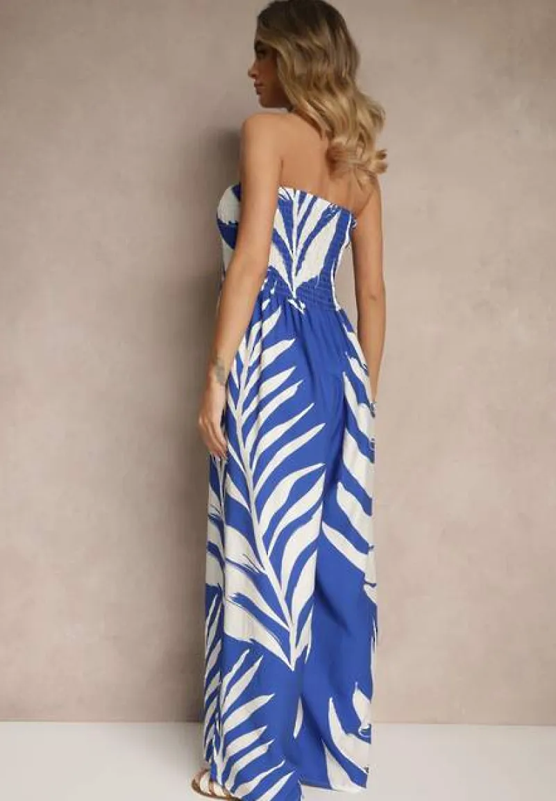 Niebieski Kombinezon z Lnem Wiskozą i Motywem LIści Fevanae