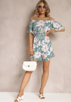 Niebieski Kombinezon z Opuszczonymi Rękawami i Gumkami w Pasie Gelissa