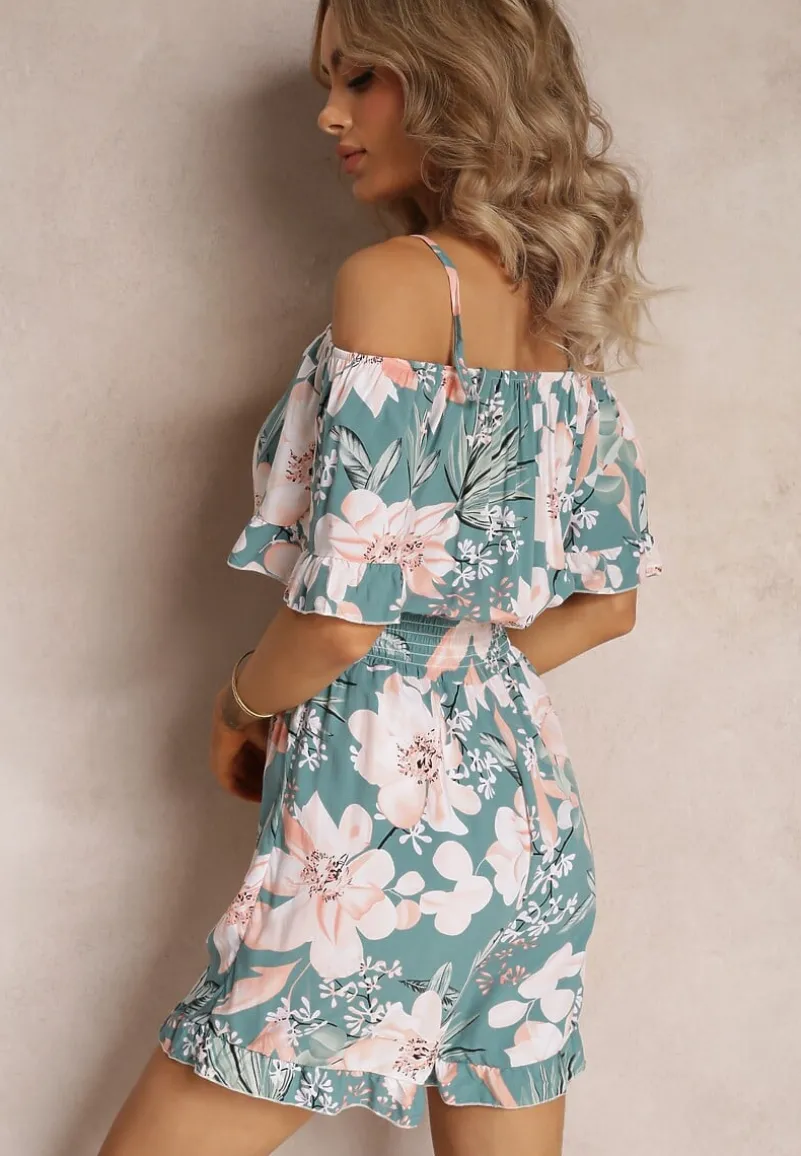 Niebieski Kombinezon z Opuszczonymi Rękawami i Gumkami w Pasie Gelissa