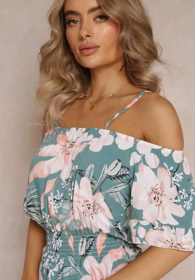 Niebieski Kombinezon z Opuszczonymi Rękawami i Gumkami w Pasie Gelissa