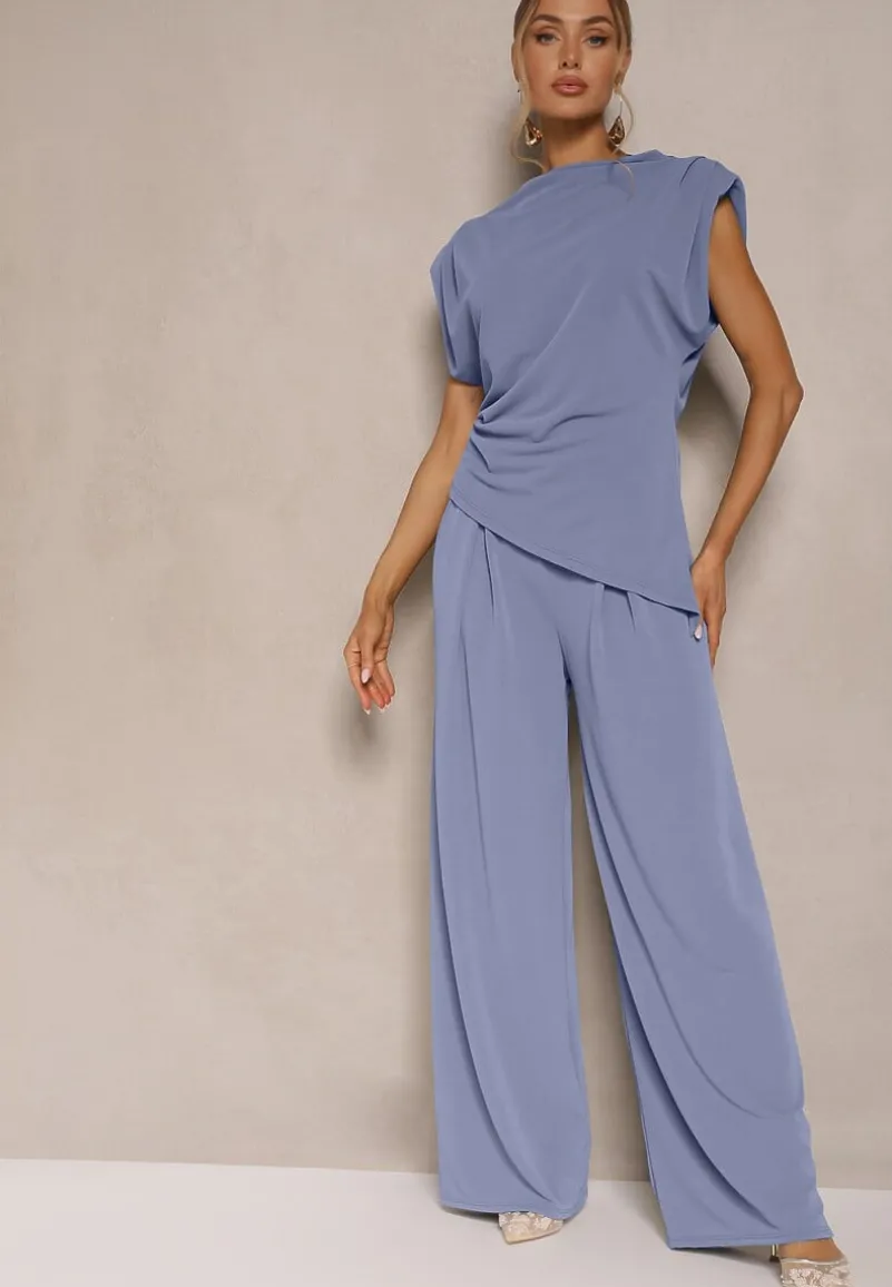 Niebieski Komplet Bluzka z Poduszkami w Ramionach i Proste Spodnie z Gumką w Pasie Divanes