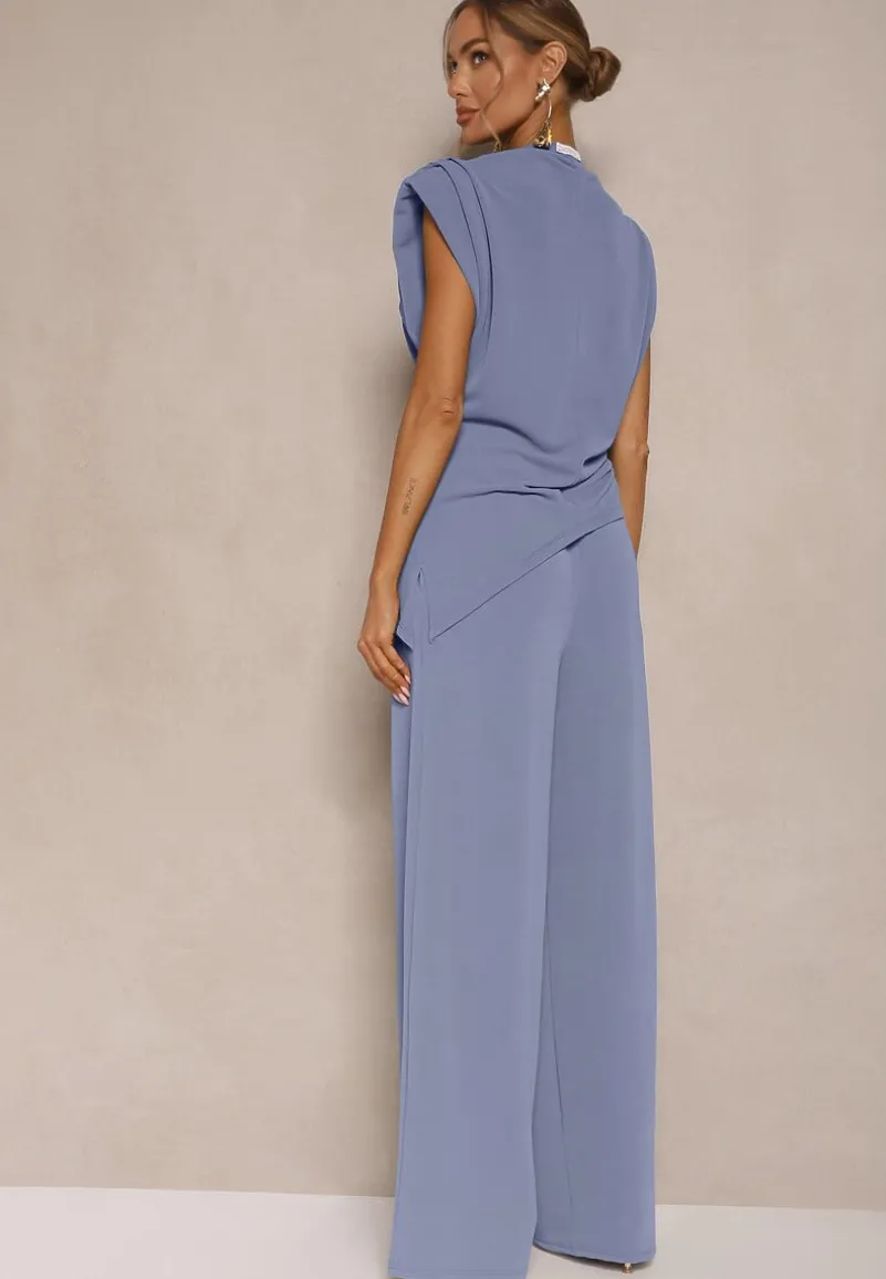 Niebieski Komplet Bluzka z Poduszkami w Ramionach i Proste Spodnie z Gumką w Pasie Divanes