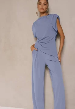 Niebieski Komplet Bluzka z Poduszkami w Ramionach i Proste Spodnie z Gumką w Pasie Divanes