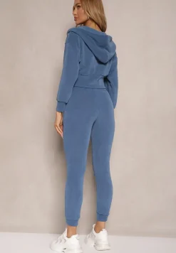 Niebieski Komplet Dresowy z Bawełny Bluza z Kapturem i Spodnie Slim Inerisa
