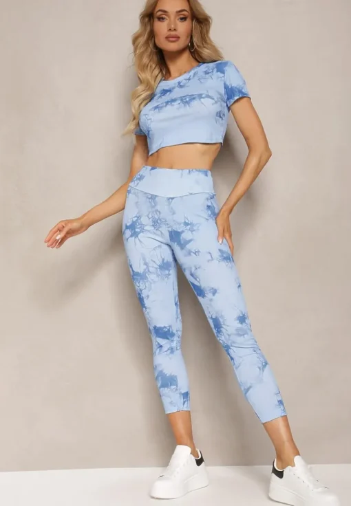 Niebieski Komplet Sportowy z Printem Tie-Dye z Koszulką Cropped i Legginsami Davenia