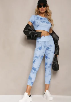 Niebieski Komplet Sportowy z Printem Tie-Dye z Koszulką Cropped i Legginsami Davenia