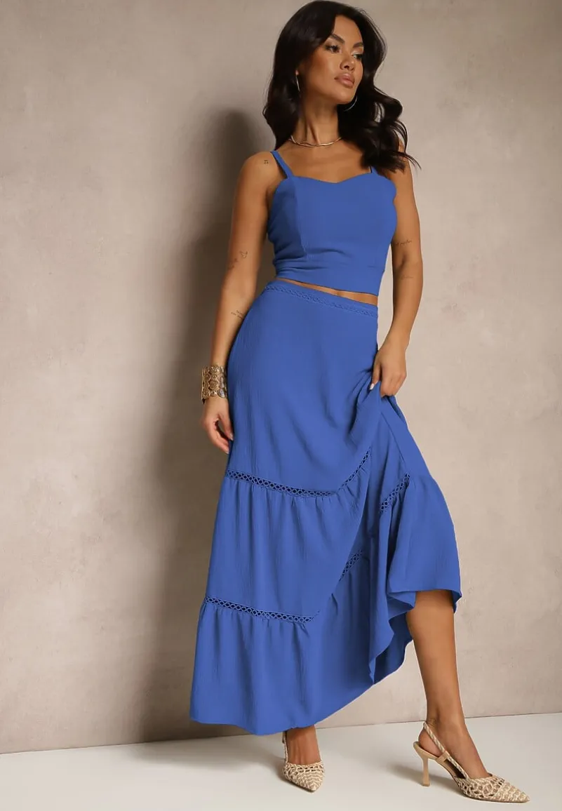 Niebieski Komplet Top na Ramiączkach i Rozkloszowana Spódnica Amurra