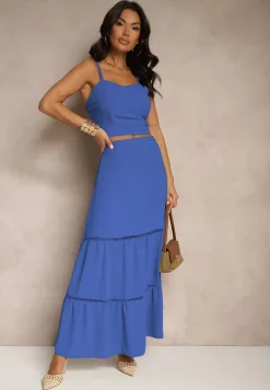 Niebieski Komplet Top na Ramiączkach i Rozkloszowana Spódnica Amurra