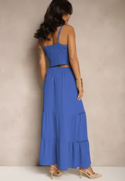 Niebieski Komplet Top na Ramiączkach i Rozkloszowana Spódnica Amurra