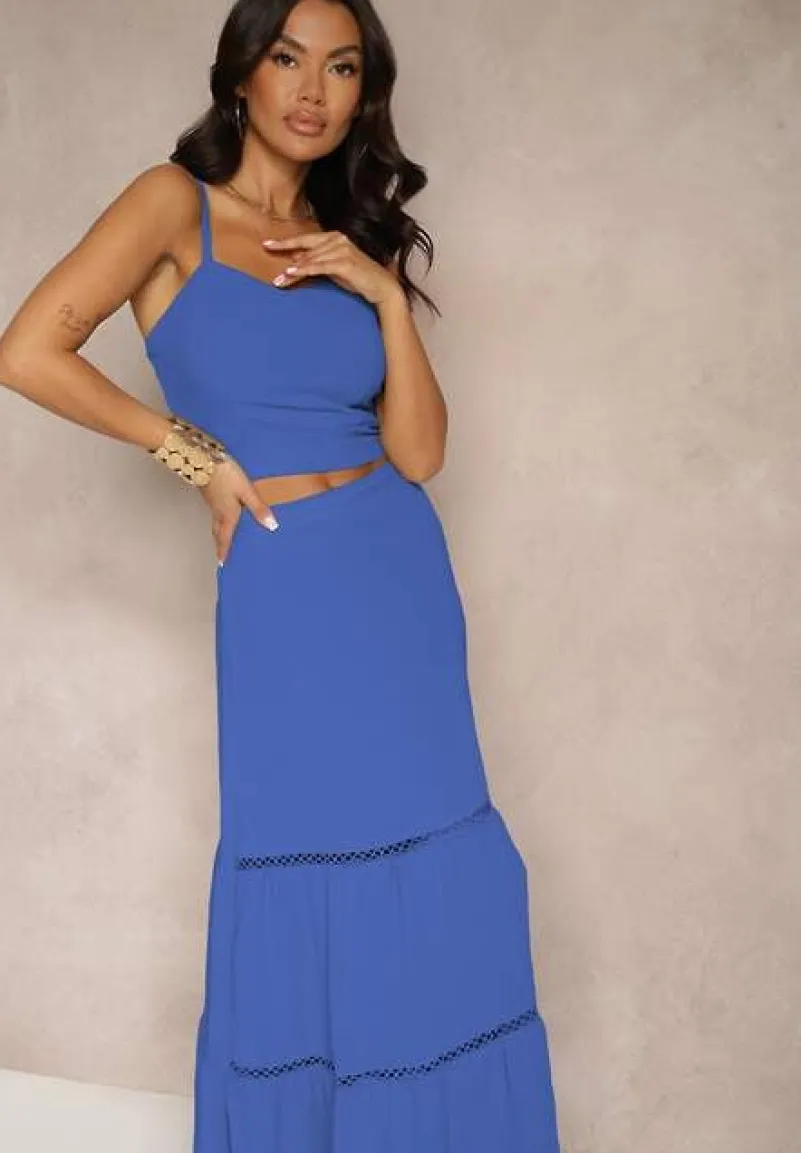 Niebieski Komplet Top na Ramiączkach i Rozkloszowana Spódnica Amurra