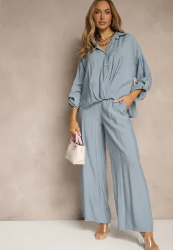 Niebieski Komplet z Wiskozy w Stylu Oversize Szerokie Spodnie i Luźna Koszula na Guziki Natinne