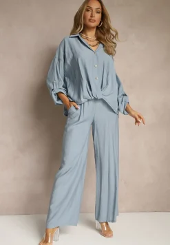 Niebieski Komplet z Wiskozy w Stylu Oversize Szerokie Spodnie i Luźna Koszula na Guziki Natinne