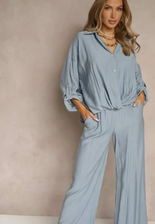 Niebieski Komplet z Wiskozy w Stylu Oversize Szerokie Spodnie i Luźna Koszula na Guziki Natinne