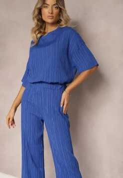 Niebieski Oversizowy Komplet z Wiskozą Luźna Bluzka i Proste Spodnie Varlivia
