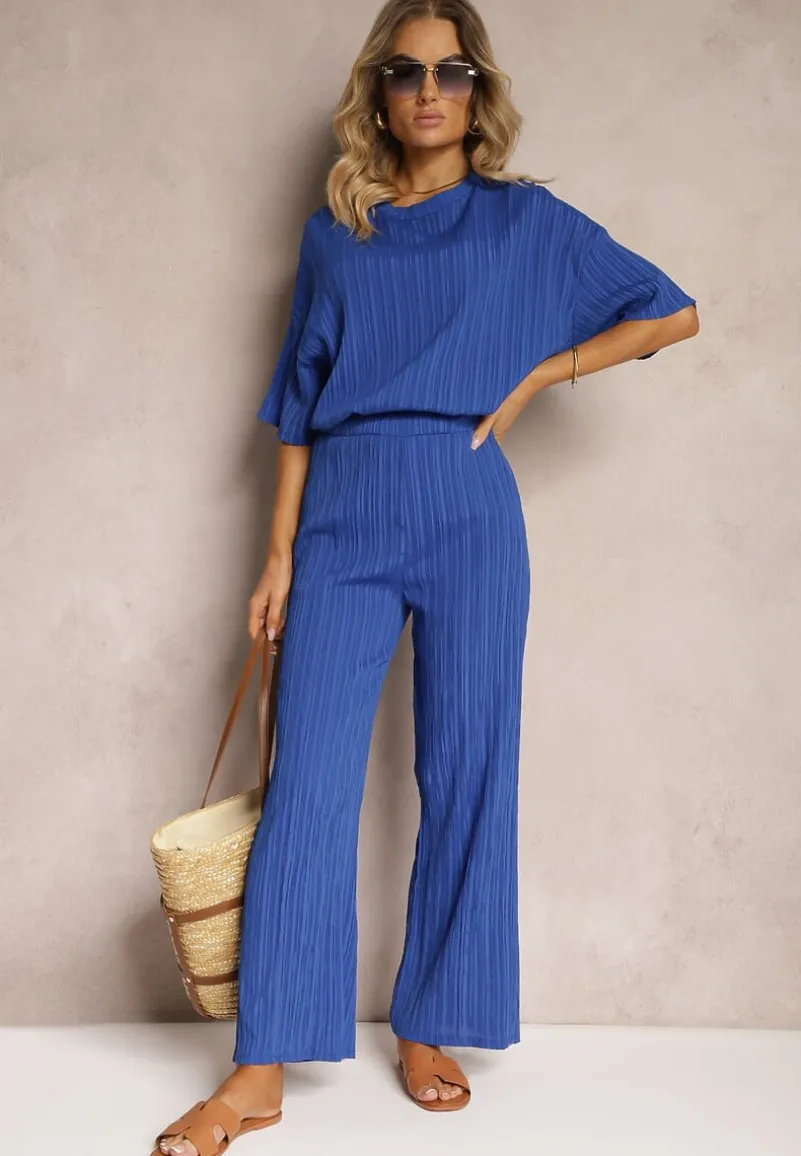 Niebieski Oversizowy Komplet z Wiskozą Luźna Bluzka i Proste Spodnie Varlivia