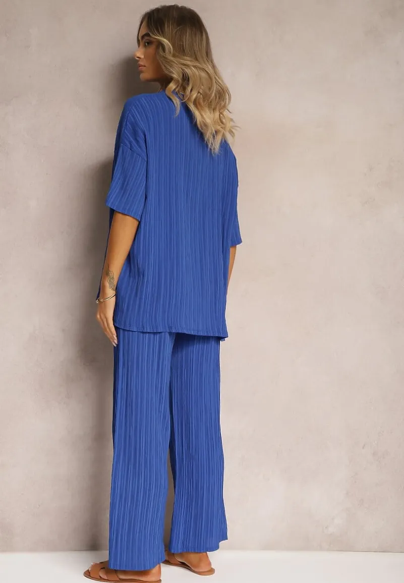Niebieski Oversizowy Komplet z Wiskozą Luźna Bluzka i Proste Spodnie Varlivia